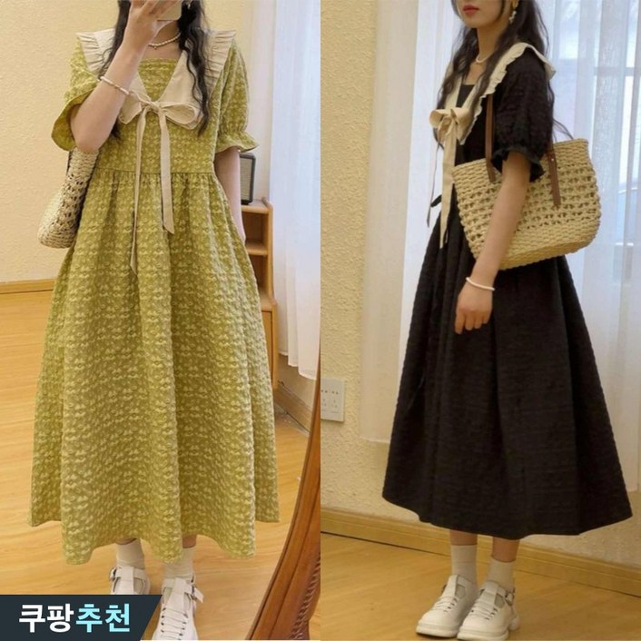 (신상 추천) 150kg까지 빅사이즈 여성 프렌치 로맨틱 숄카라 리본 허리꼬임 반팔 원피스 여름 편한 퍼프 플리츠 뷔스티에 날씬해보이는 a라인 스커트 이쁜 매력 캐쥬얼 여행 원피스