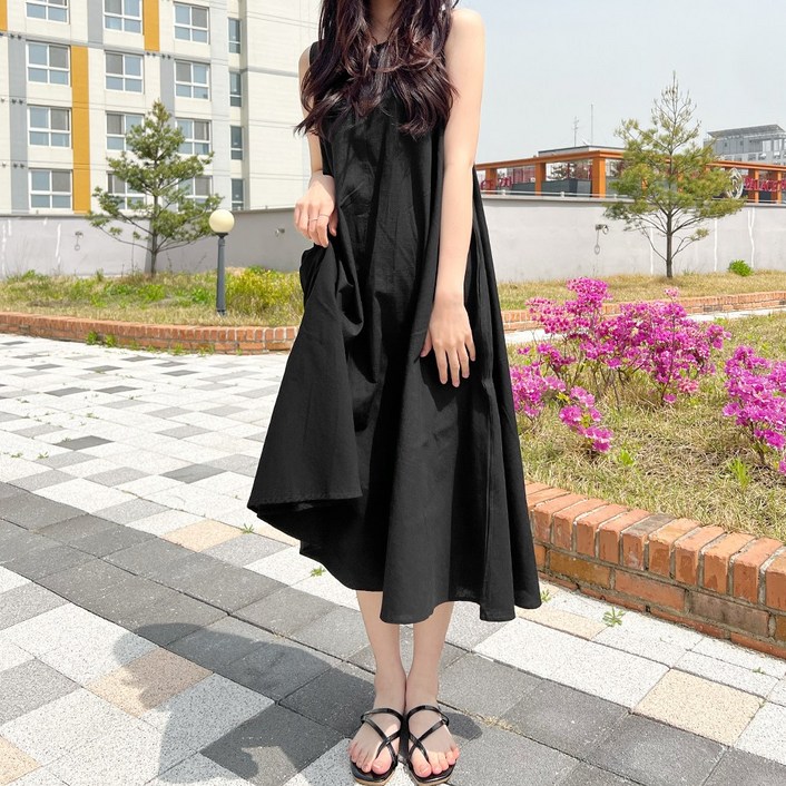 쏘옷 여성용 라운드넥 플레어 포켓 롱원피스