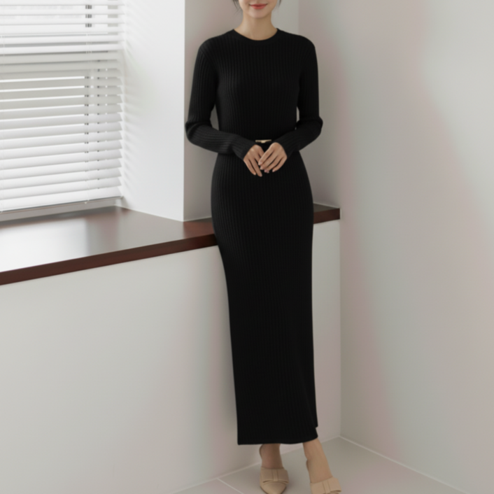 쁘띠엘라 발목기장 롱 원피스 라운드 골지 니트