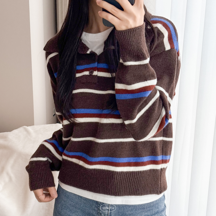 샤우라 러블리 카라넥 데일리룩 스트라이프 단가라 스웨터