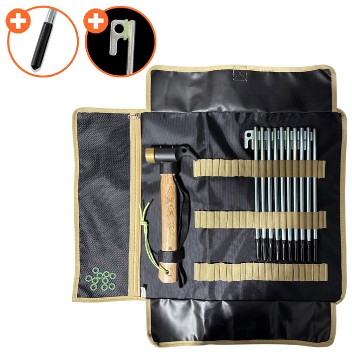 위드차차차 캠핑 타프 단조팩 10개+야광링 10개+보호캡10개+망치+가방 세트 S45C