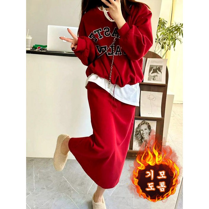 ORZQU 가을 겨울 기모 맨투맨 스커트 세트 봄가을 여성 빅사이즈 맨투맨 세트 고급스러운 루즈핏 캐주얼 투피스