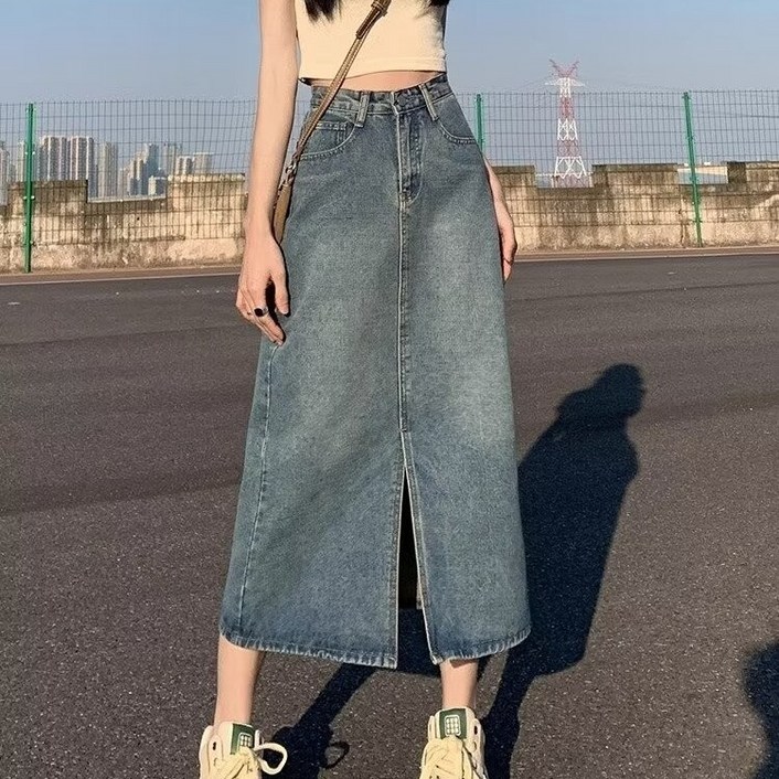 BLACK K7 여성 빈티지 캐주얼 앞트임 데님 롱스커트 빅사이즈 패션 청 롱스커트 BLACK K7 여성 빈티지 캐주얼 앞트임 데님 롱스커트 빅사이즈 패션 청 롱스커트