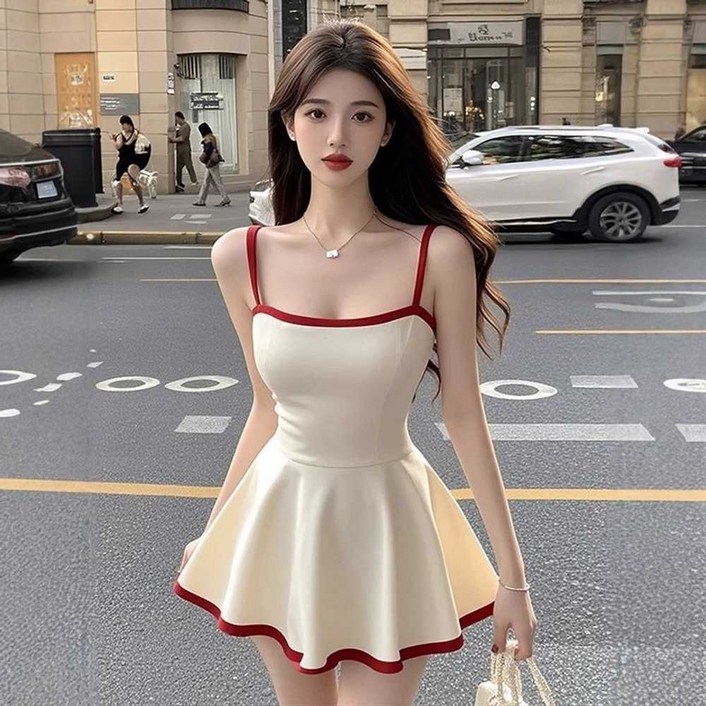 프렌치 레트로 스퀘어넥 서스펜더 숏 스커트 드레스 데일리 여름 원사이즈 국내