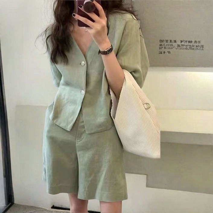 Choyur여성 여름 린넨 투피스 V넥 반팔 자켓과 반바지wjj
