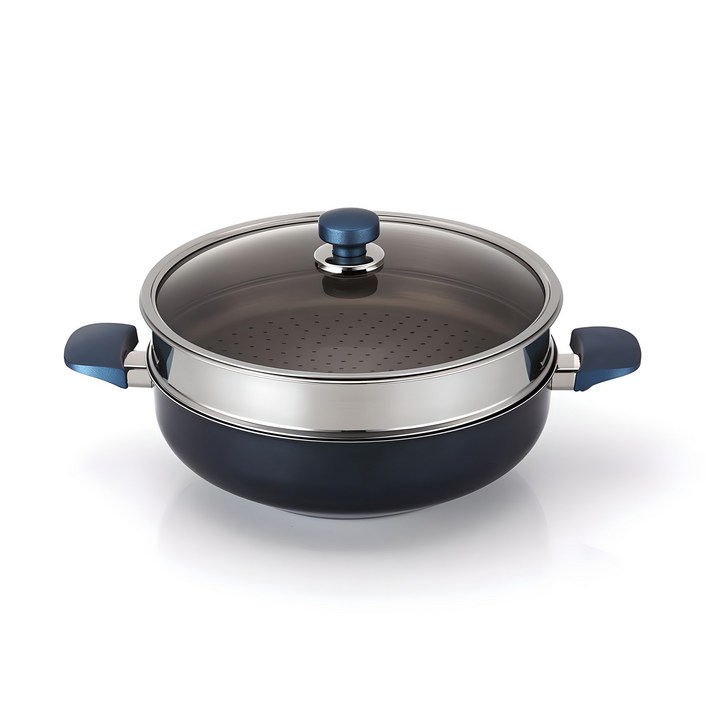 해피콜 클래식 다이아몬드 블루 파티웍 + 뚜껑 + 찜기 세트, 30cm, 1세트