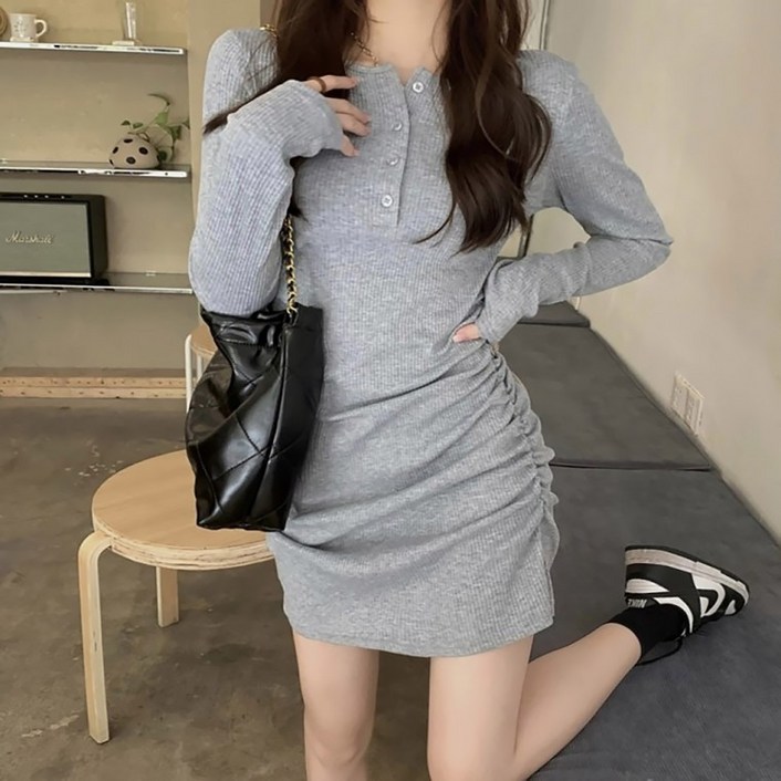 바디 슬림핏 셔링 골지 여성 미니원피스 트렌디룩