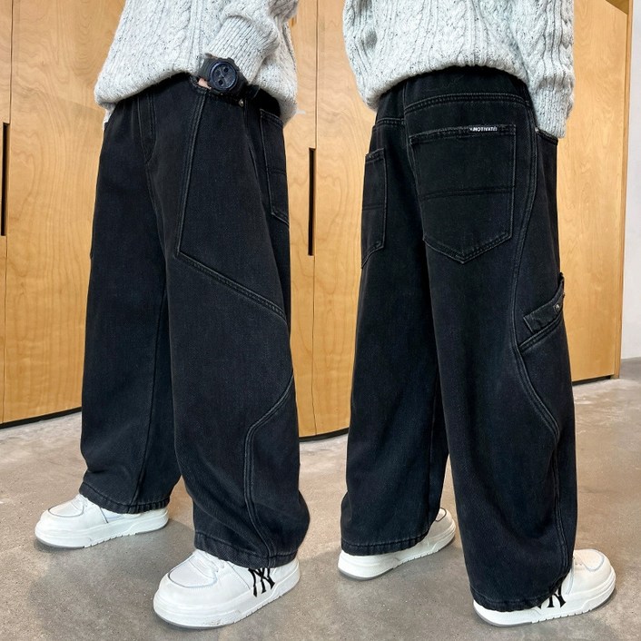 UPPERCUT 주니어 루즈핏 데님팬츠 아동 밴딩청바지 남아 흑청바지 초등학생 통바지 남녀공용 키즈 와이드팬츠