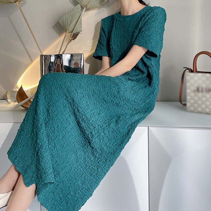 비비에모 반소매 심플 주름지 언밸런스 롱 원피스 01199