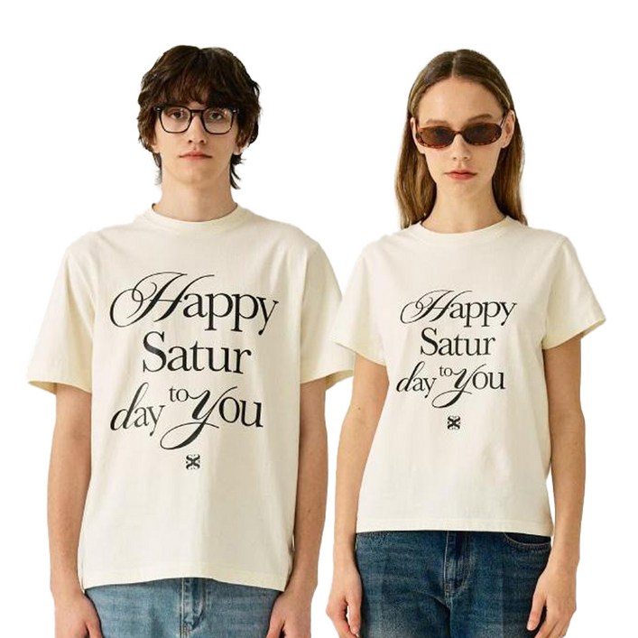 세터 남녀공용 통기성 해피 데이 타이포 그래픽 반팔 티셔츠