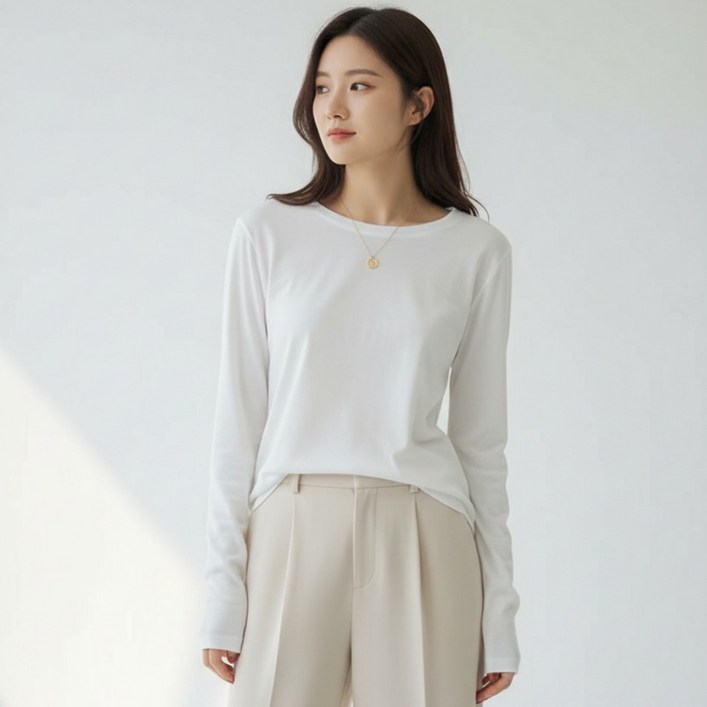 구디프 여성용 무지 라운드넥 베이직 긴팔 티셔츠