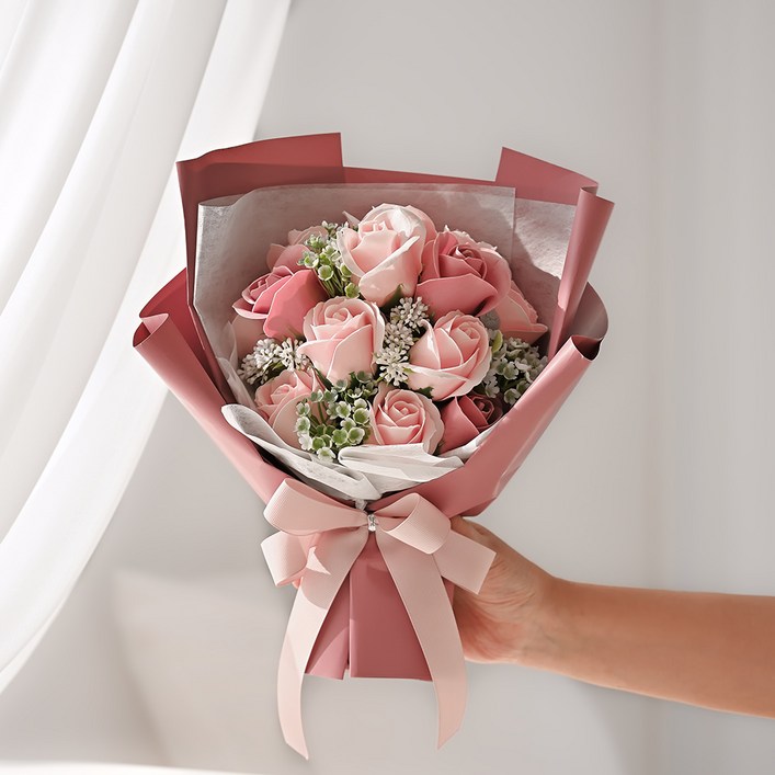코코도르 비누꽃 꽃다발 + 쇼핑백 세트, 핑크 - 쇼핑앤샵