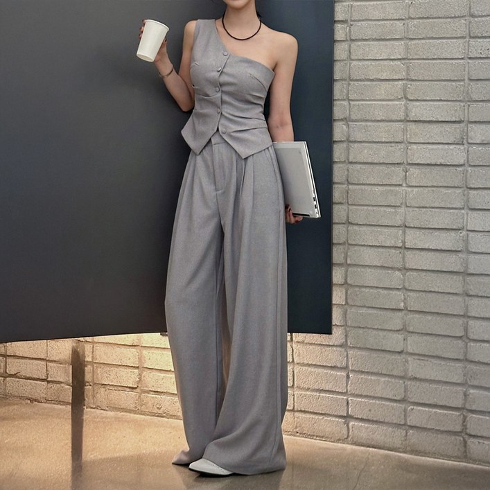 비비에모 여성용 여름 정장 다트렐 반 오프숄더  와이드 팬츠 세트10642