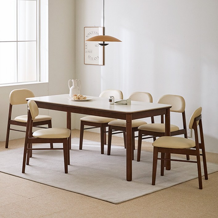 베니 세라믹 원목식탁 6인용 1800  의자6p 세트 방문설치, 월넛프레임, 의자, 베이지상판, 일반의자 6