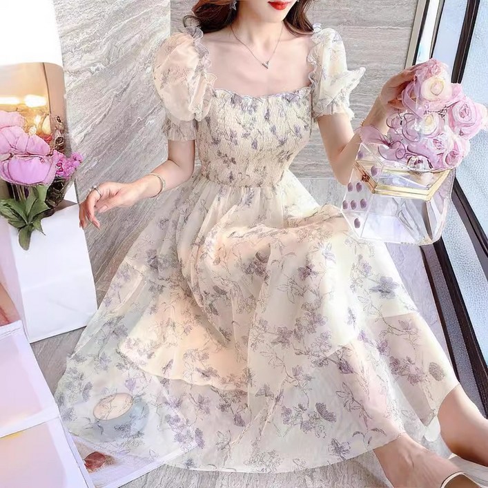 마켓에이 라일락 플라워 퍼프 롱 원피스 T24SS3A0142