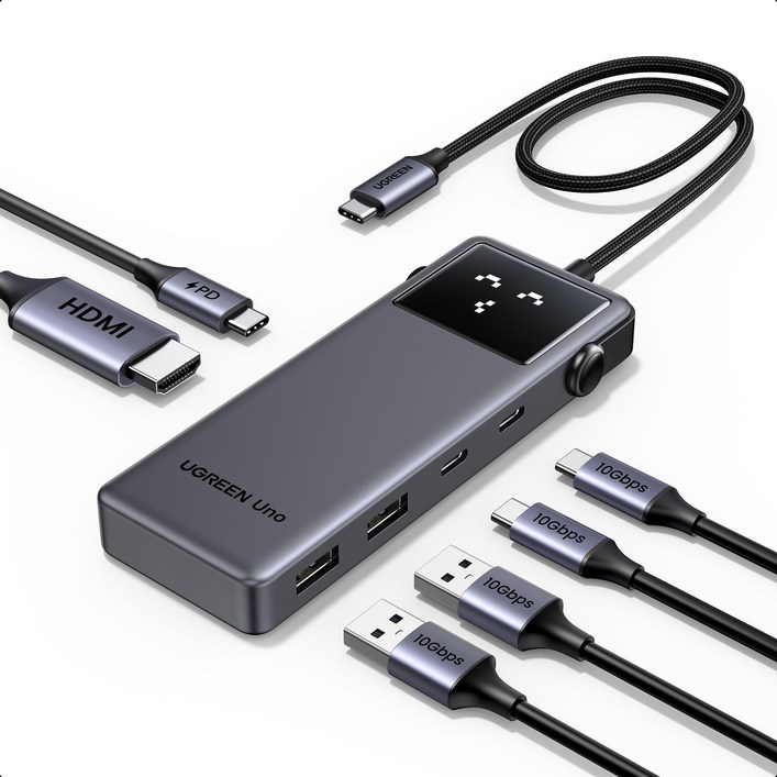 UGREEN 유그린 Uno 6포트 USB 3.2 C타입 멀티 허브 삼성덱스 맥북 호환 10Gbps  HDMI2.0 4K60Hz  PD100W  스마트 상태 이모티콘 표시, 1개, Grey