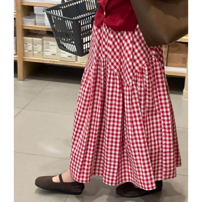 유니픽 여성 빨강 체크 롱스커트 편안하고 사랑스러운 스타일ww