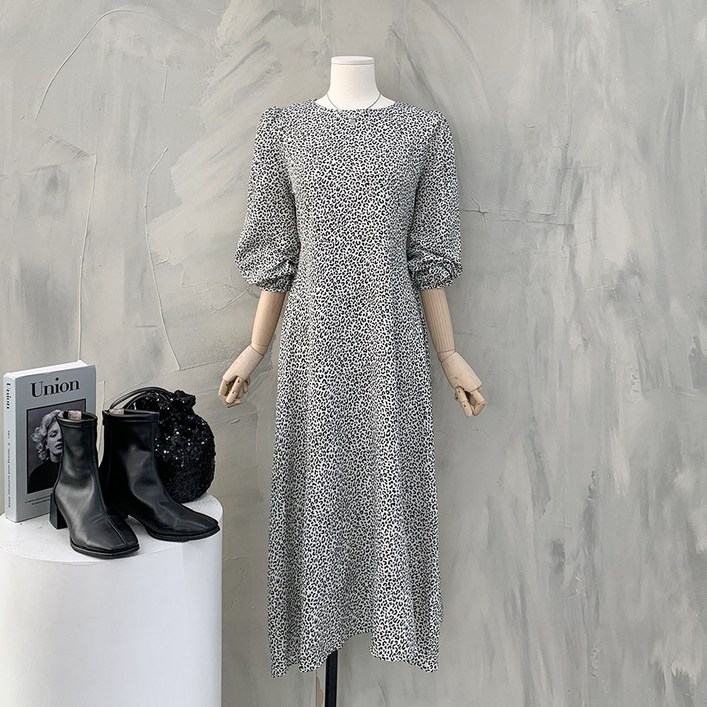 행복여 크리스틴 레오파드 플레어 롱 원피스