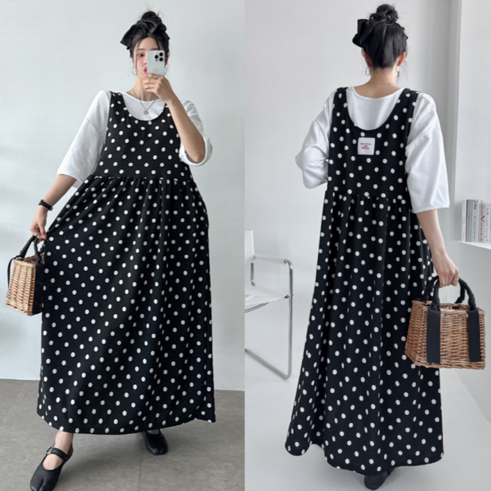LionHu 빅사이즈 땡땡이 원피스 데일리 군살 커버 스판 레이어드 드레스  55~ 120 까지