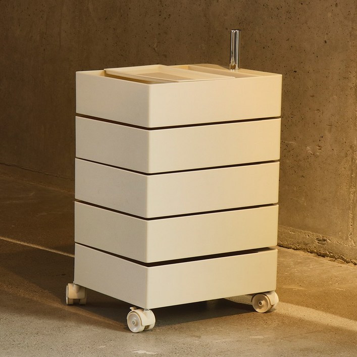 가구앤하우스 피보 360도 회전 이동 서랍 사각 5단 트롤리 컨테이너 틈새 수납장, 크림, 5단