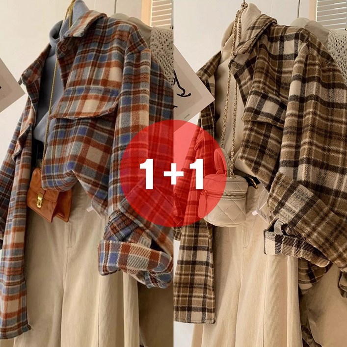 지디오 여성 체크 셔츠 2개 세트 남방 모직 긴팔 루즈핏 카라 봄 가을 간절기 폭닥 도톰 여자 아우터