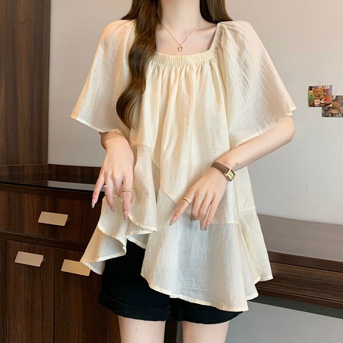 MOSAIRATION 여성 여름 프렌치 언발란스 쉬폰 루즈핏 빅사이즈 캐주얼반팔 블라우스 B0043004