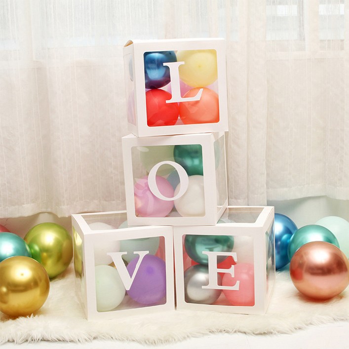 투명 LOVE BABY 레터링 풍선 박스 생일 기념일 밸런타인 데이 풍선박스 화이트 분홍색, LOVE