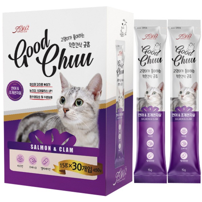 굿츄 고양이 짜먹는 고양이 간식, 30개입, 15g, 연어&조개관자살