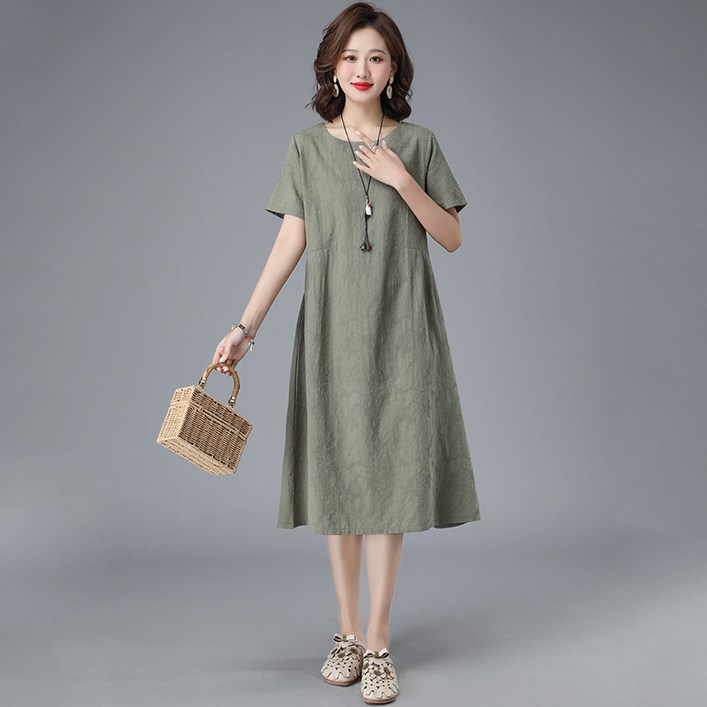 POMTOR 여성 라운드넥 Zacar 반팔 면마 자카르 린넨  롱 원피스