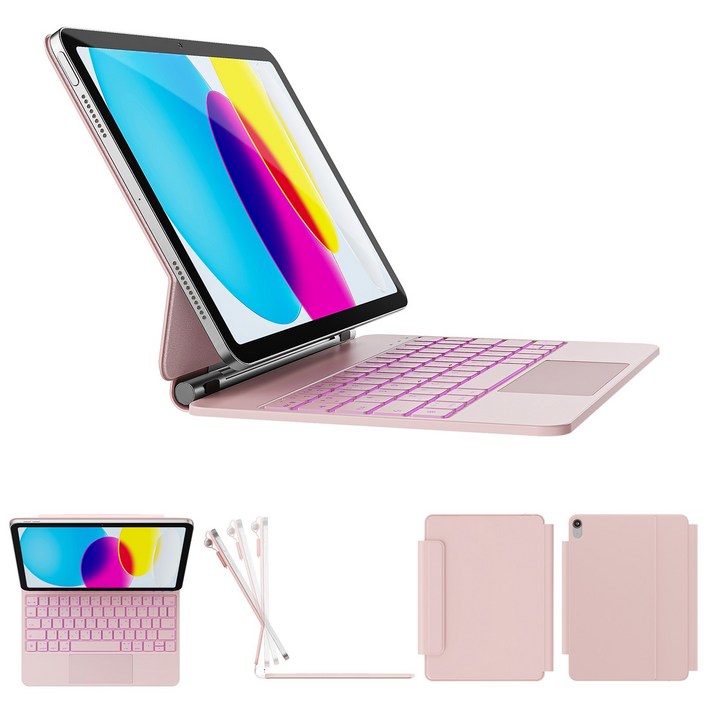 한국형 매직 키보드, 아이패드 10세대 / 아이패드 11세대 (A16)용, 11색 백라이트 키+트랙패드, 방오염 가죽, 핑크, 1개