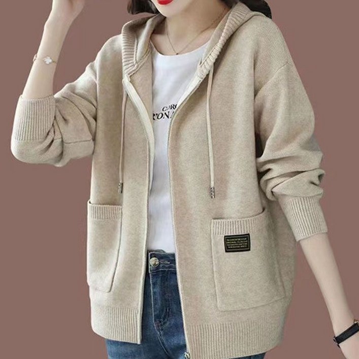 여성 가을 루즈핏 캐주얼 니트 가디건 지퍼 후드 베이직 아우터 단색 빅포켓 스웨터