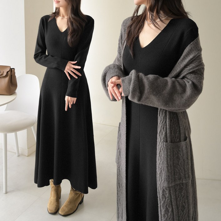 데일리앤 노아 브이넥 니트 플레어 롱 원피스 베이직 데일리 가을 겨울 하객룩