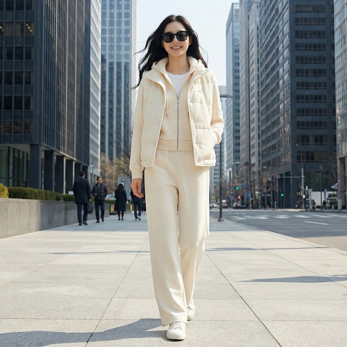 프리지안느 여성 크림아이보리 3피스 트레이닝세트 후드집업+베스트+와이드팬츠 데일리룩