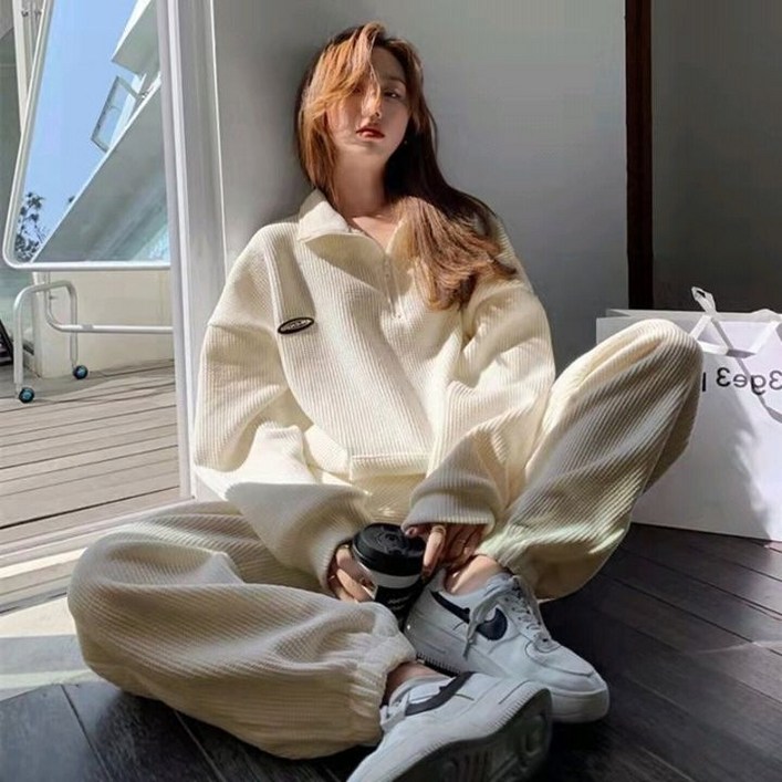 안총 여성 루즈핏 골지 반집업 맨투맨 조거팬츠 투피스 세트