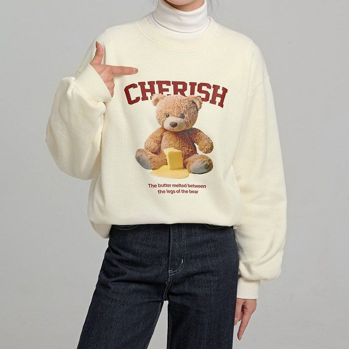 애즈낫 여성 빅사이즈 오버핏 리얼 버터베어 그래픽 맨투맨