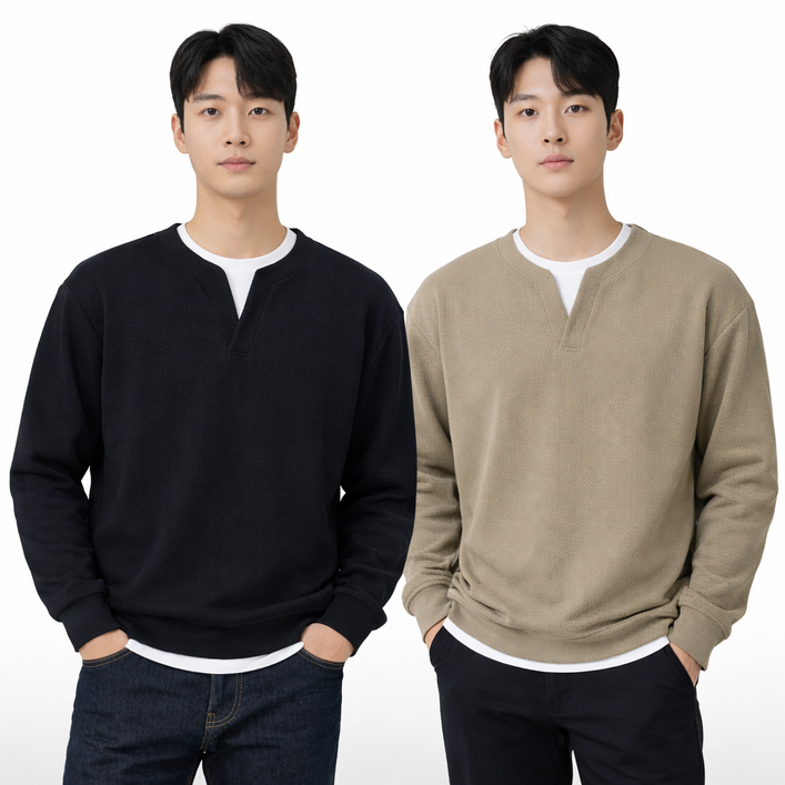 엔보아 1+1 남성 페이크투피스 루즈핏 긴팔 스웨트셔츠 봄 가을 캐주얼 맨투맨