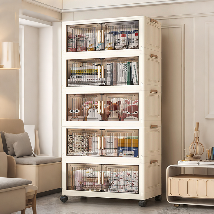 무설치 이동식 접이식 옷장 대용량 폴딩 수납장 플라스틱 양문형 바퀴형 정리함, 흰색