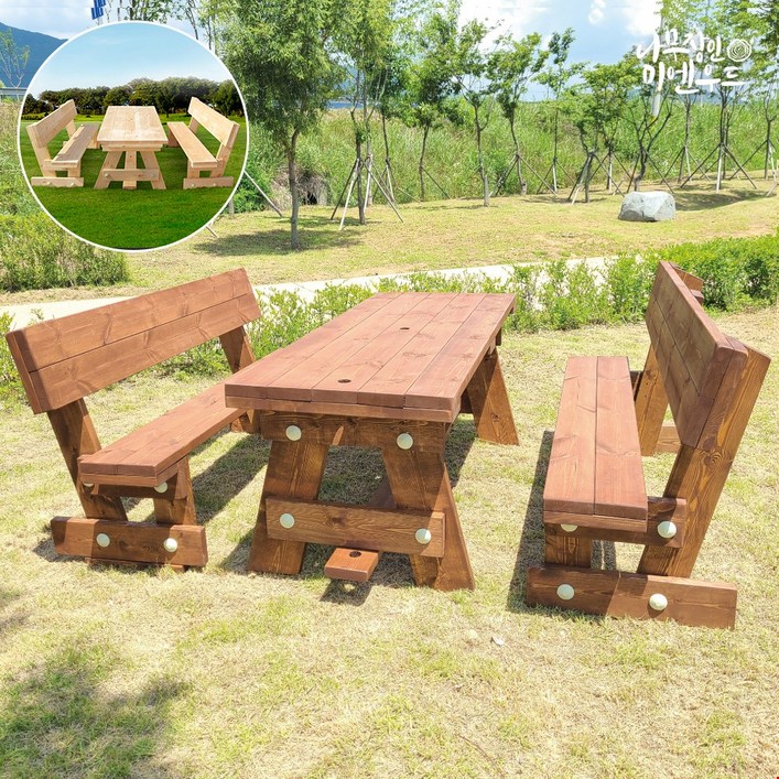 올리브가구 등받이 야외원목테이블 카페테이블 피크닉테이블 야외평상 바베큐그릴 파라솔 야외테이블세트, 등받이테이블 4인 월넛색(2회도색)