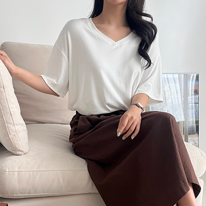 클로제제 여성 스판 오버핏 브이넥 반팔 티셔츠