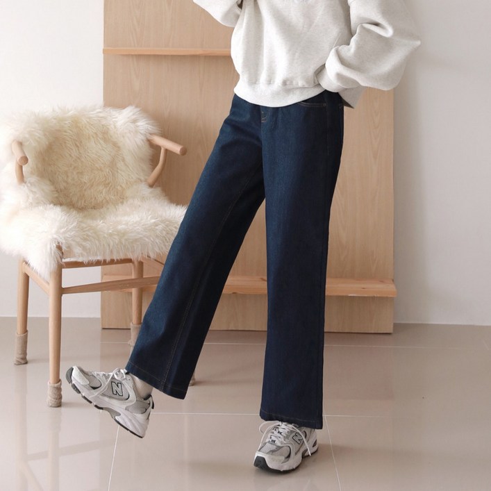 여성용 스판 밴딩 와이드 데님팬츠 기모 청바지