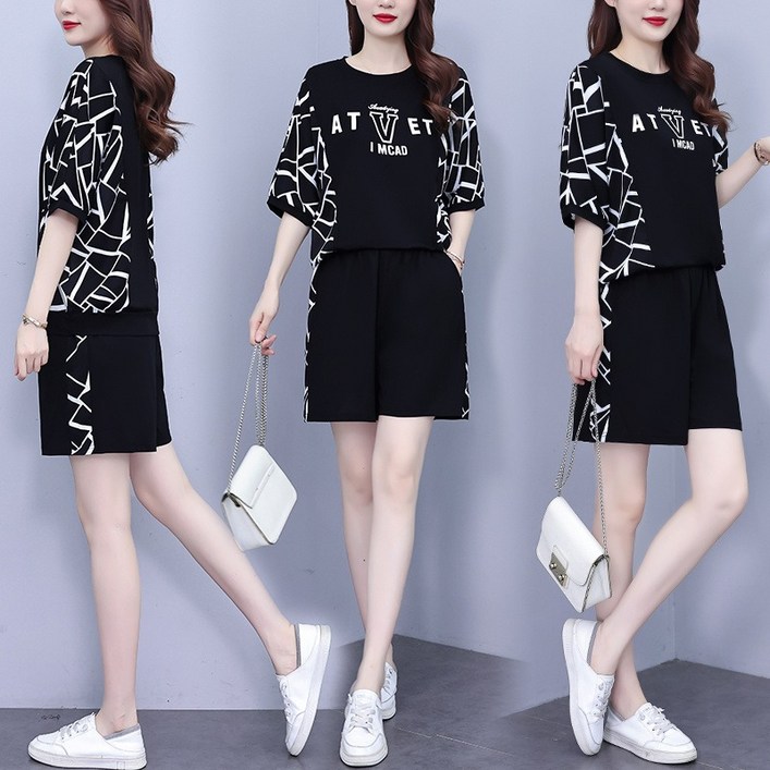 여성 여름 투피스세트 반팔 루즈핏 와이드핏 패턴 체형커버 반바지 상하의 세트