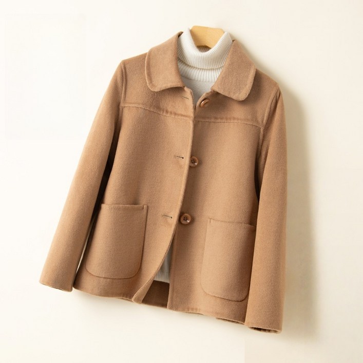 삼제태전 가을겨울 여성용 순색 양면 울 코트 숏기장 모직 외투