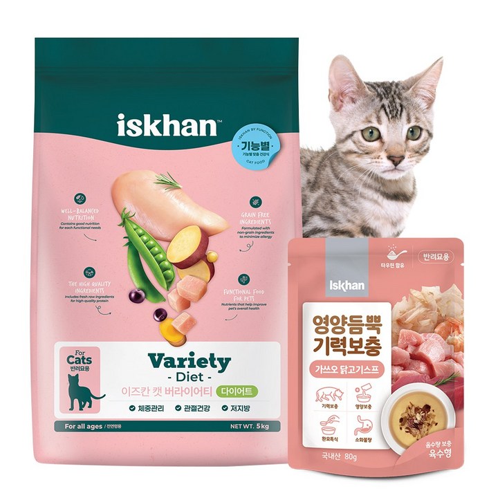 이즈칸 캣 버라이어티 다이어트 5kg 고양이 영양듬뿍 기력보충 닭고기참치스튜 80g 사료 간식, 5kg, 1개