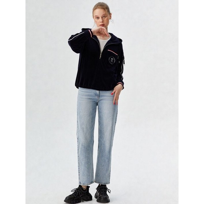 에고이스트 네이비 자수 포인트 벨벳 아노락 티셔츠 EN4CL065