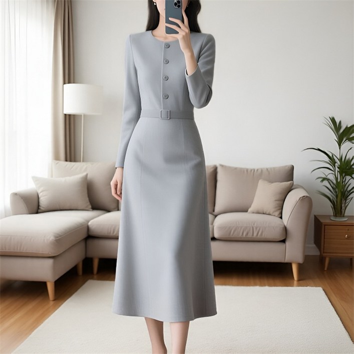 AOKADA 여성 봄 가을 슬림핏 라운드 오피스룩 하객룩 A라인 정장 원피스