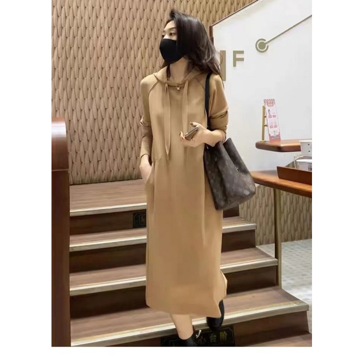 멋쟁이보물창고 봄 가을 빅사이즈 후드 긴팔 롱 원피스 체형커버 플러스사이즈 여성 데일리룩