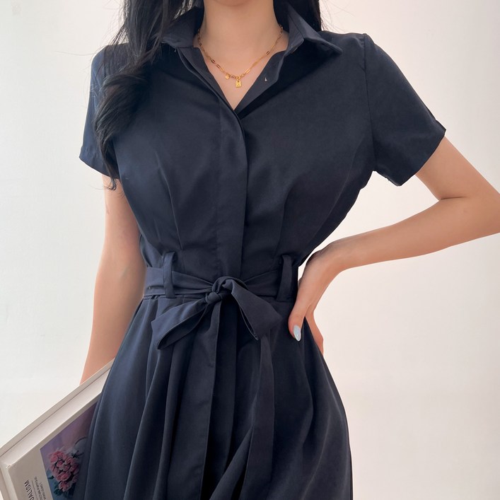 투디 반팔 핀턱 카라 셔츠 롱원피스 셔츠원피스 여름 하객룩 오피스룩, 3컬러