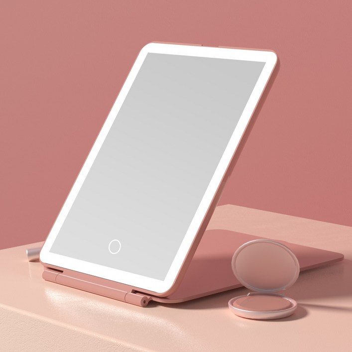 FENCHILIN 작은 거울 LED 거울 화장경을 휴대하기 편리하다 접는 거울 핑크흰색 13cm x 18cm, 핑크, 1개
