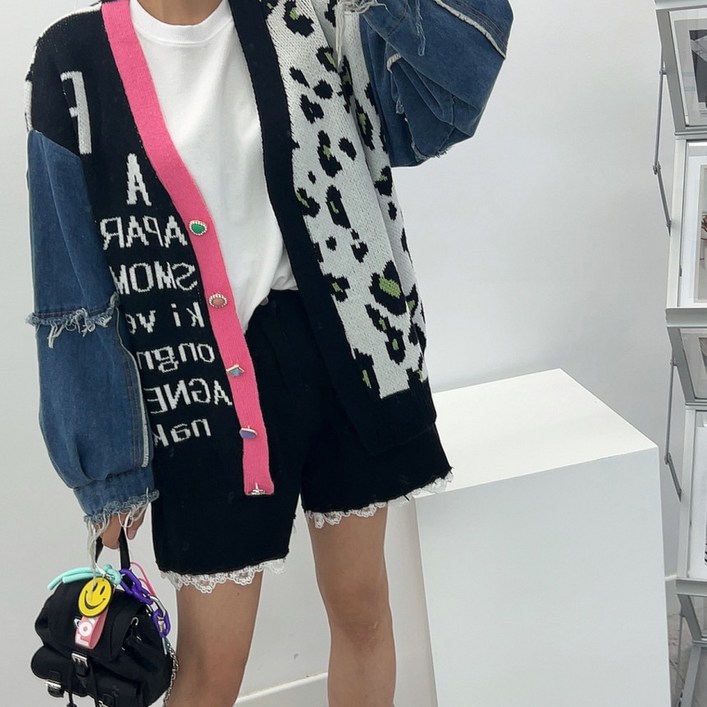 에브리룩 호피 데님 브이넥 루즈핏 유니크 니트 가디건3컬러