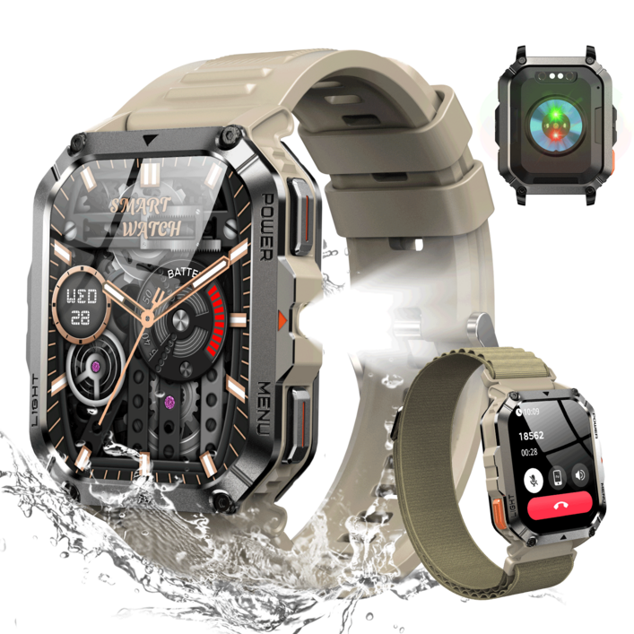 IOWODO W70 Pro 아웃도어 스마트워치 2.01인치 대형 화면 방수 먼지충격 방지 나침반 손전등 기능, 블루투스, 4.1cm, 카키색 옷감